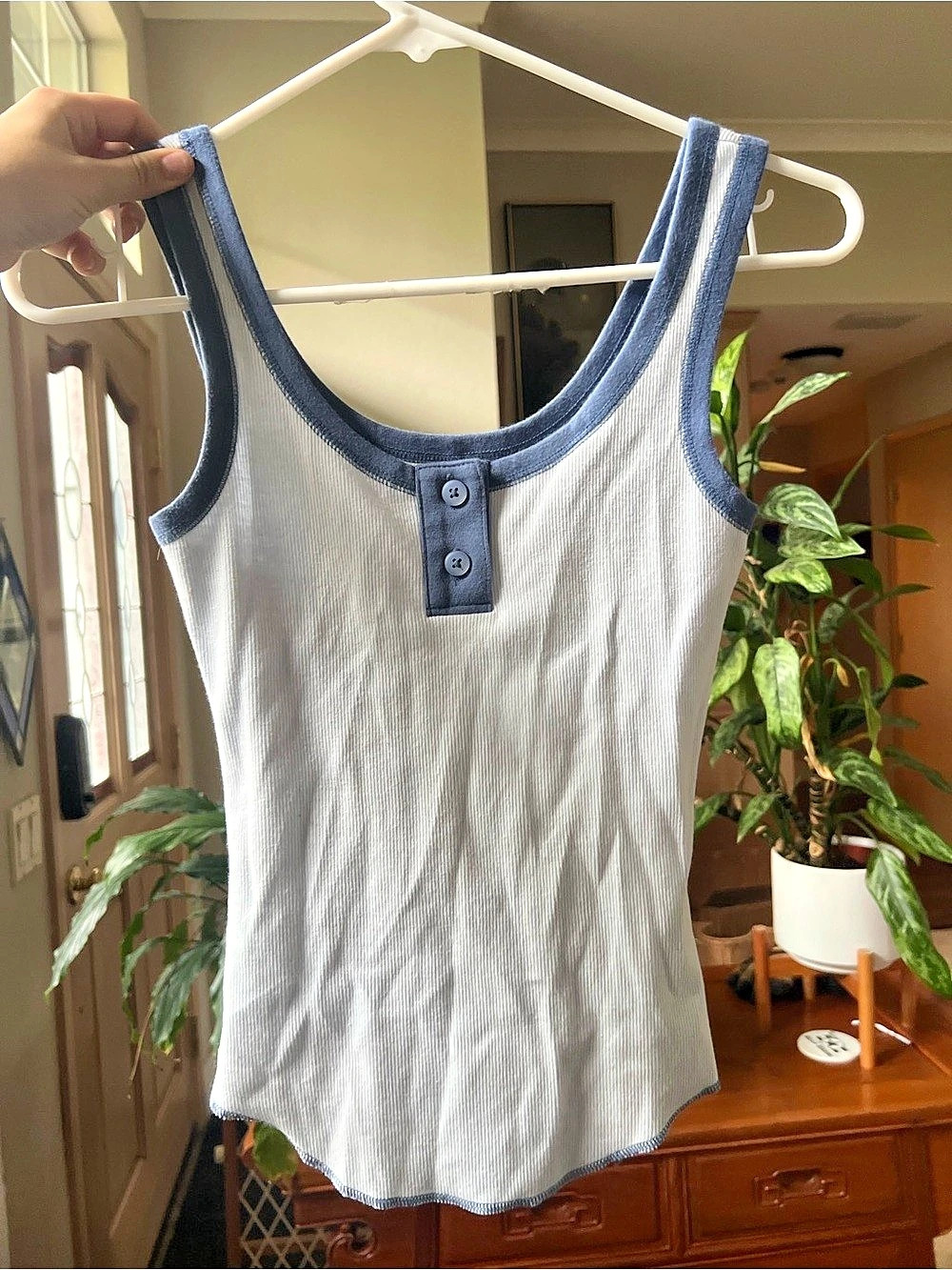 Aerie Ribbed Henley Tank in White & Blue Like New